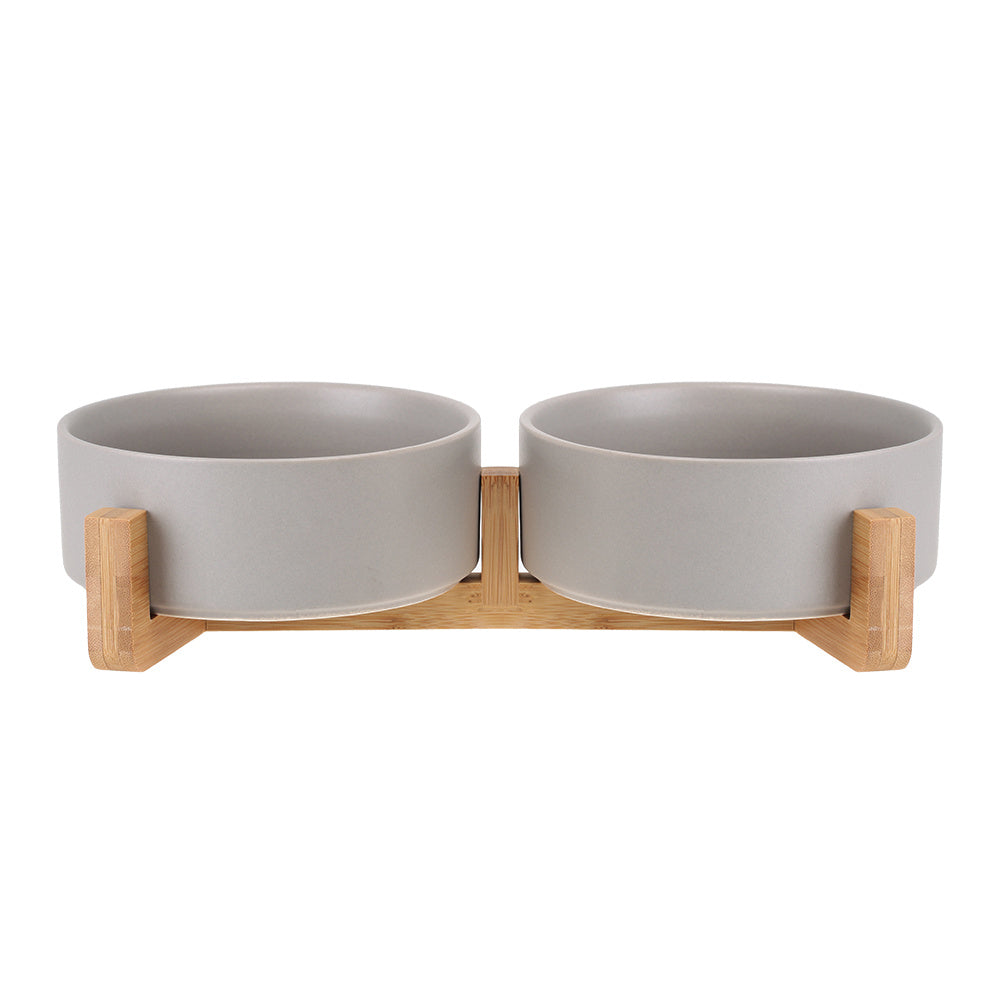 Cat Bowl Double with Wooden Frame - 2x space grey / 400ML per bow - Pet bowl