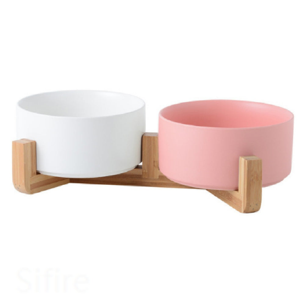 Cat Bowl Double with Wooden Frame - White pink wooden frame / 400ML per bow - Pet bowl