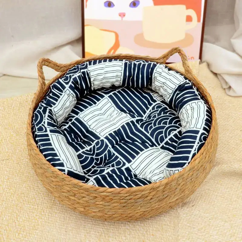 Rattan Cat Basket Bed With Cushion Round Shape - Blue Cushion / 35cm