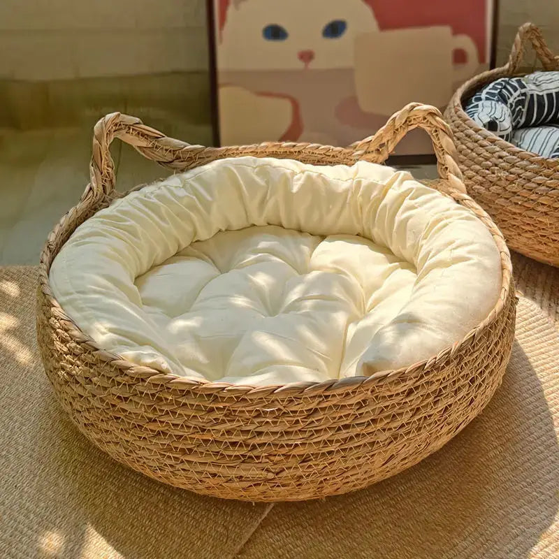 Rattan Cat Basket Bed With Cushion Round Shape - WHITE Cushion / 40cm