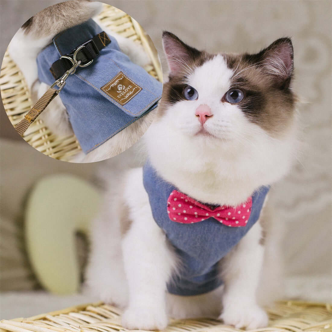 Vest-style Chest Strap For Cats - Jean Blue / L - Cat collar