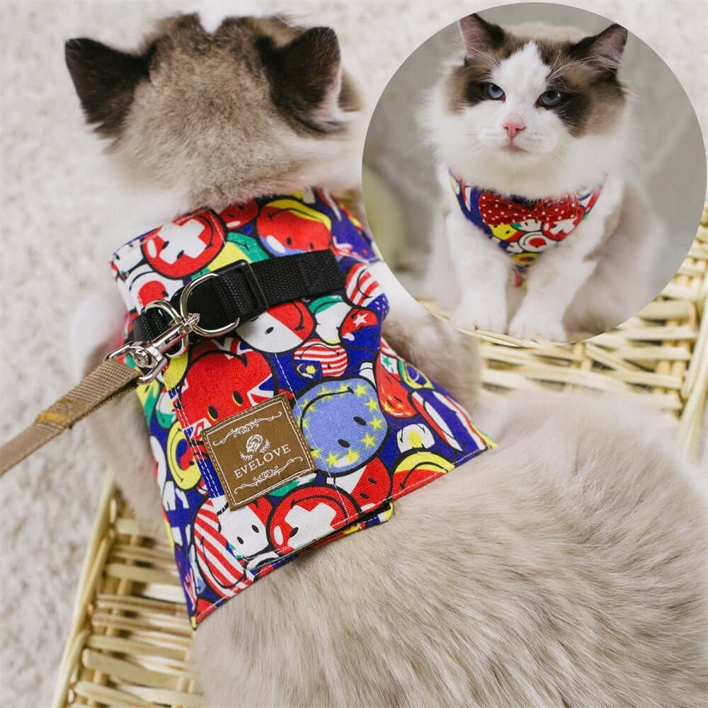 Vest-style Chest Strap For Cats - Smiley red / L - Cat collar