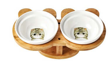 Cat Bowl Ceramic Double with Holder