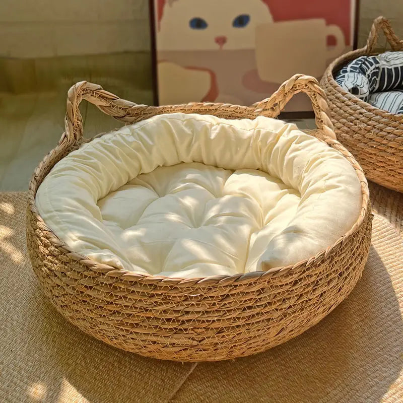 Rattan Cat Basket Bed With Cushion Round Shape