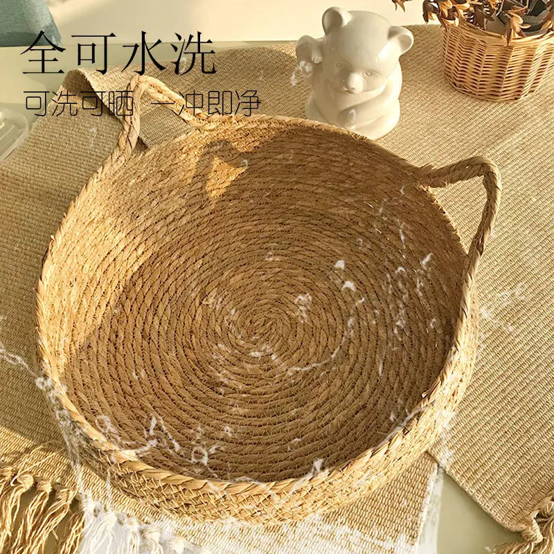 Rattan Cat Basket Bed With Cushion Round Shape