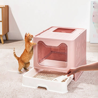 Large Enclosed Cat Litter Box with Scoop & Tray -Foldable