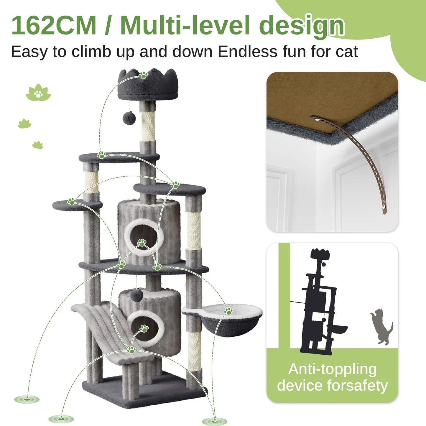 Extra Tall Multi-Level Cat Tower Tree with Scratching Post, Condos & Hammock