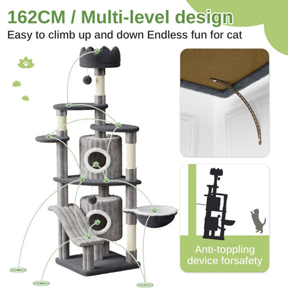 Extra Tall Multi-Level Cat Tower Tree with Scratching Post, Condos & Hammock