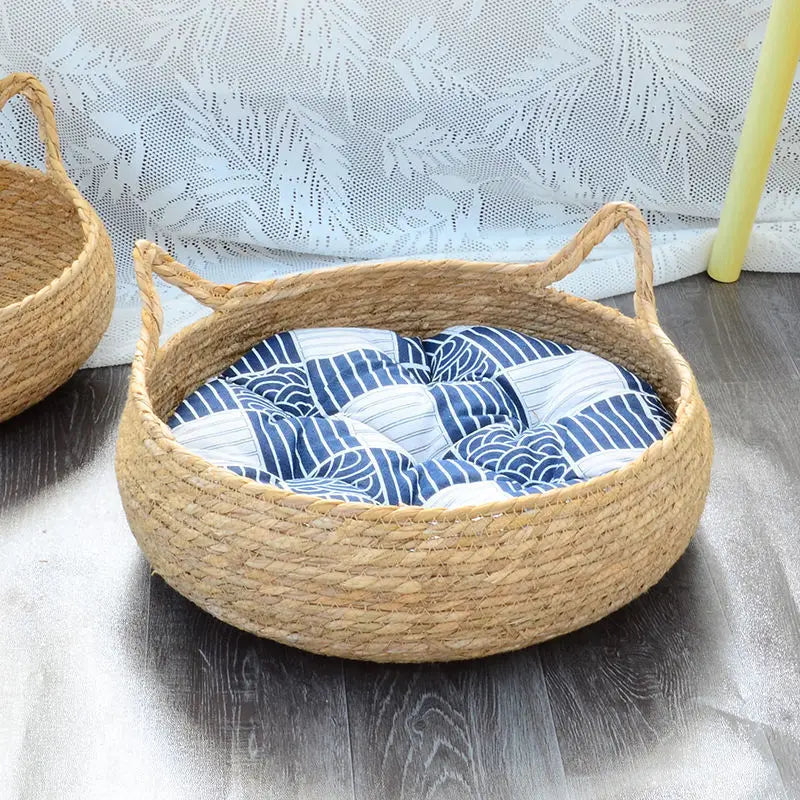 Rattan Cat Basket Bed With Cushion Round Shape