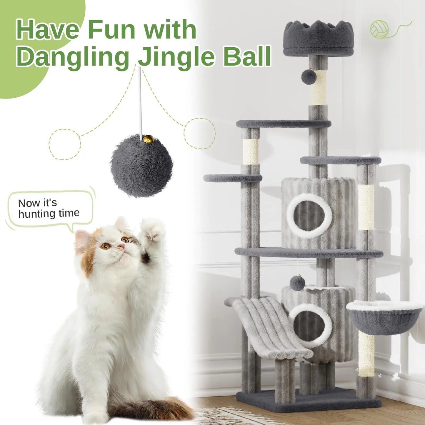 Extra Tall Multi-Level Cat Tower Tree with Scratching Post, Condos & Hammock