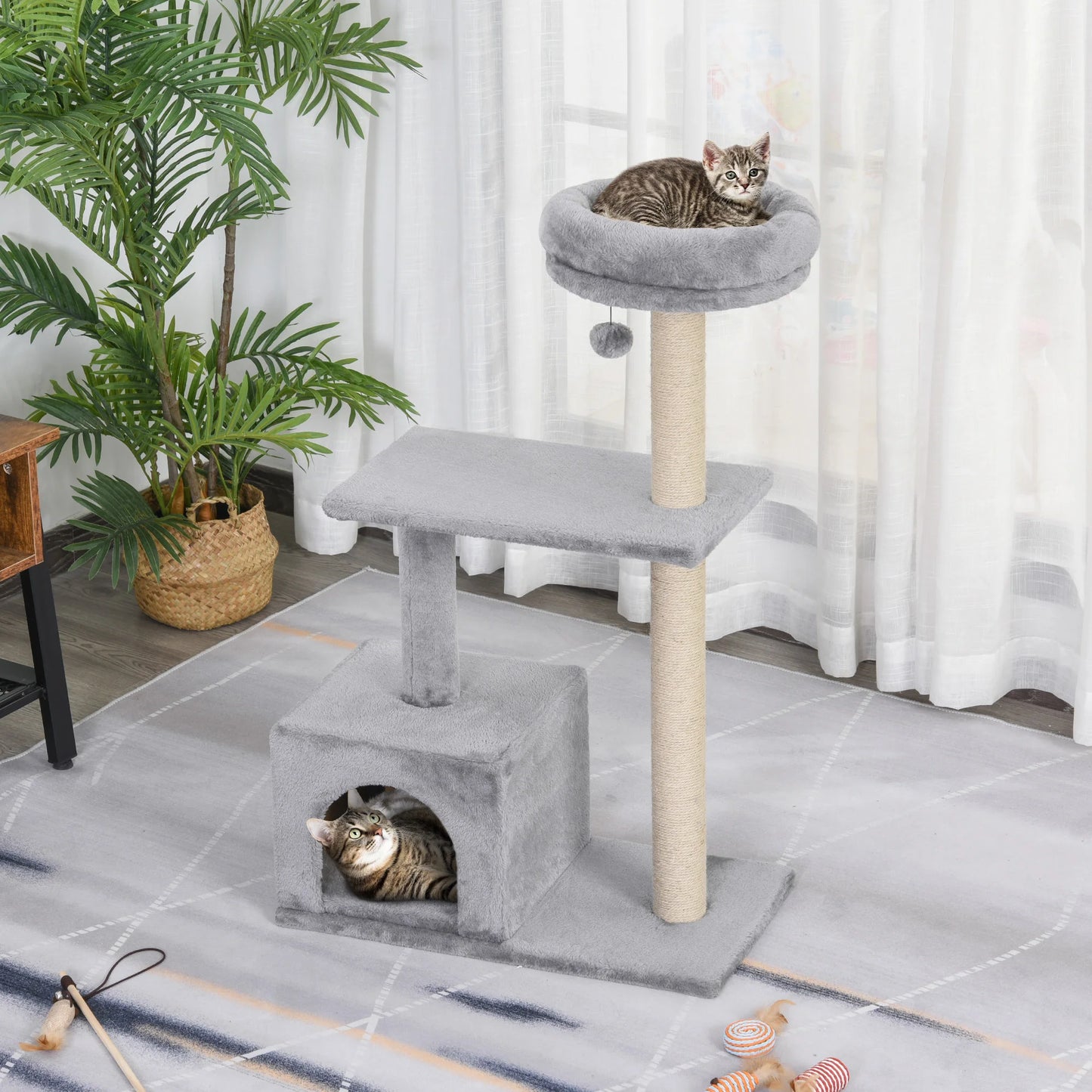 Paw Hut Cat Tree with Sisal Scratching Post and Dangling Ball -Grey