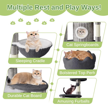 Extra Tall Multi-Level Cat Tower Tree with Scratching Post, Condos & Hammock