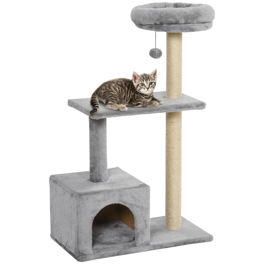 Paw Hut Cat Tree with Sisal Scratching Post and Dangling Ball -Grey