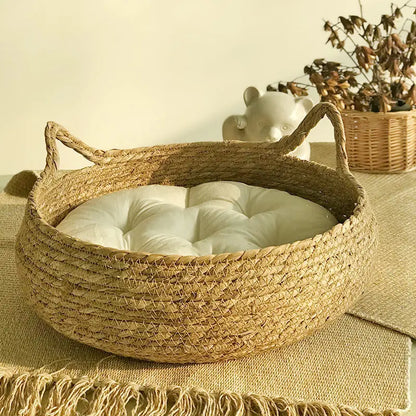 Rattan Cat Basket Bed With Cushion Round Shape