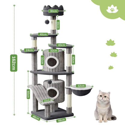 Extra Tall Multi-Level Cat Tower Tree with Scratching Post, Condos & Hammock