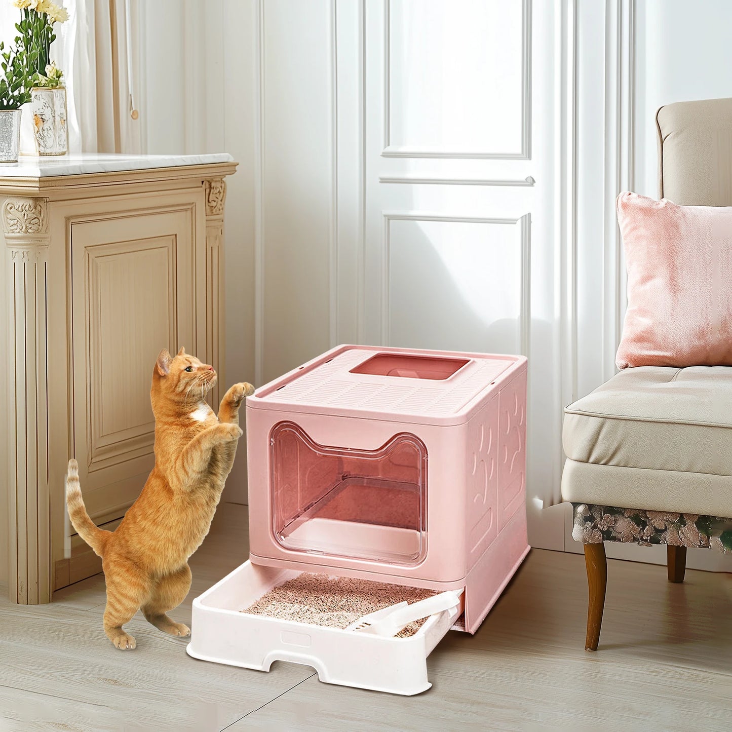 Large Enclosed Cat Litter Box with Scoop & Tray -Foldable