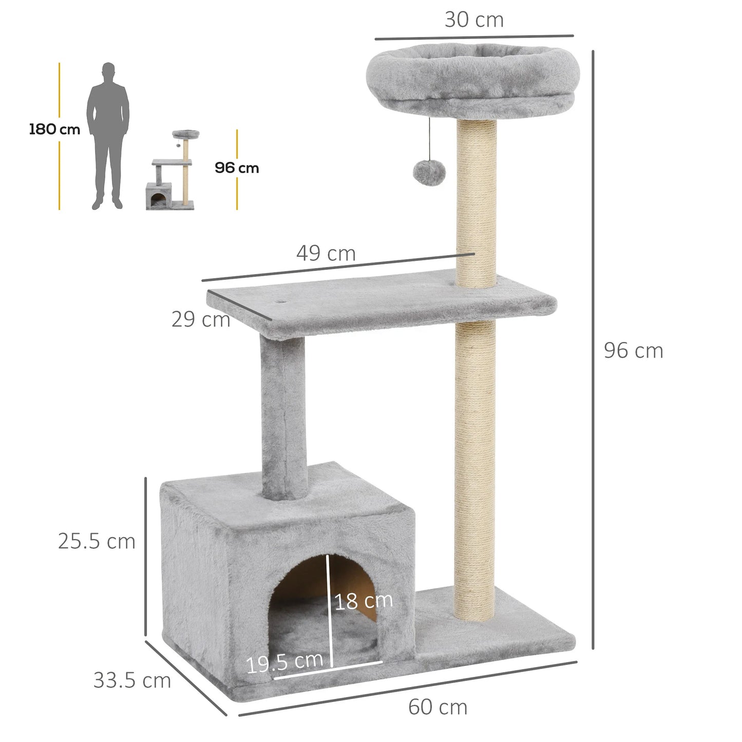 Paw Hut Cat Tree with Sisal Scratching Post and Dangling Ball -Grey