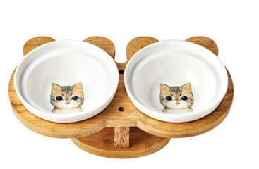 Cat Bowl Ceramic Double with Holder