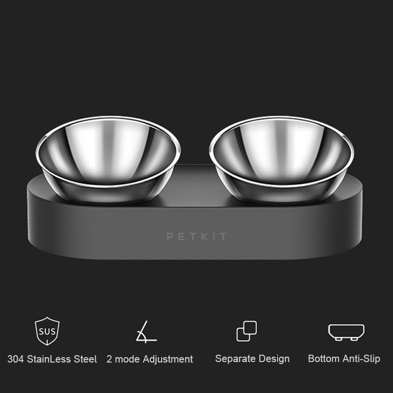Adjustable Stainless Steel Cat Double Bowl - Black - Pet bowl