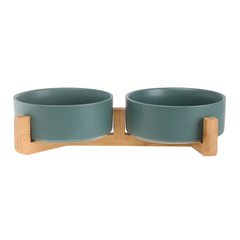 Cat Bowl Double with Wooden Frame - 2x dark green / 400ML per bow - Pet bowl