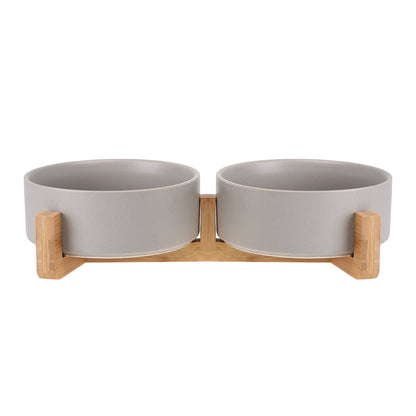 Cat Bowl Double with Wooden Frame - 2x space grey / 400ML per bow - Pet bowl