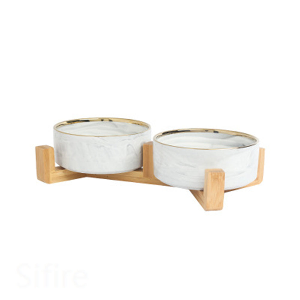 Cat Bowl Double with Wooden Frame - 2x white / 400ML per bow - Pet bowl