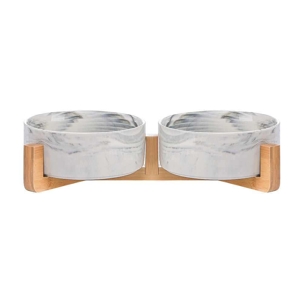 Cat Bowl Double with Wooden Frame - 2xMarbling grey / 400ML per bow - Pet bowl