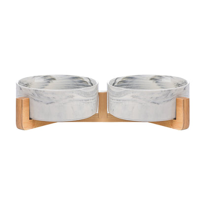 Cat Bowl Double with Wooden Frame - 2xMarbling grey / 400ML per bow - Pet bowl