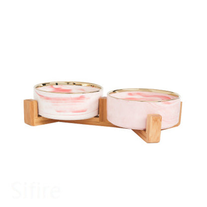 Cat Bowl Double with Wooden Frame - 2xMarbling pink / 400ML per bow - Pet bowl