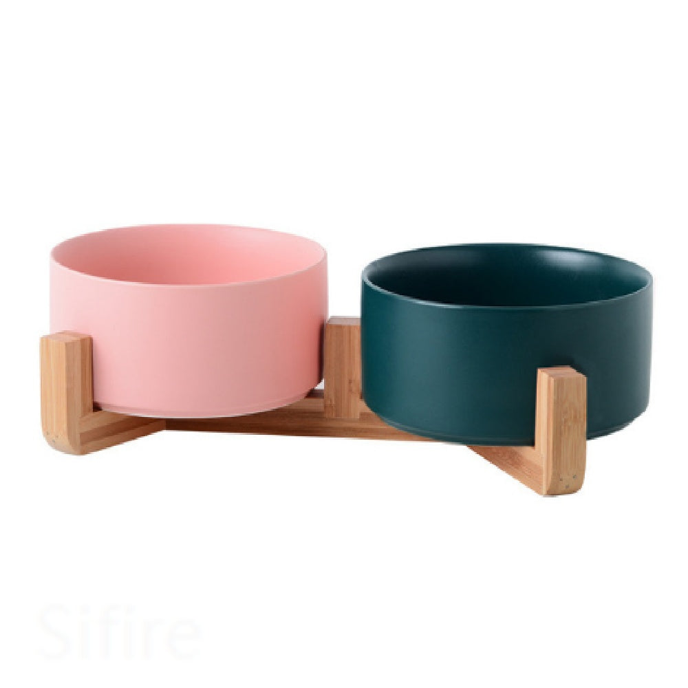 Cat Bowl Double with Wooden Frame - Pink dark green wooden frame / 400ML per bow - Pet bowl