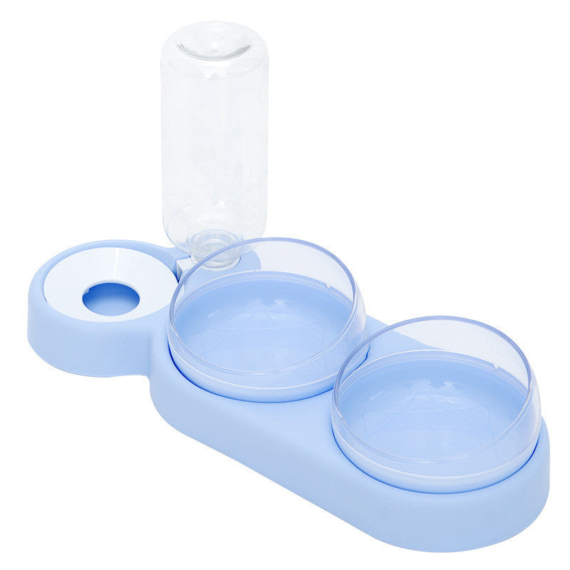 Cat Double Bowl With Water Bottle - Blue - Pet bowl