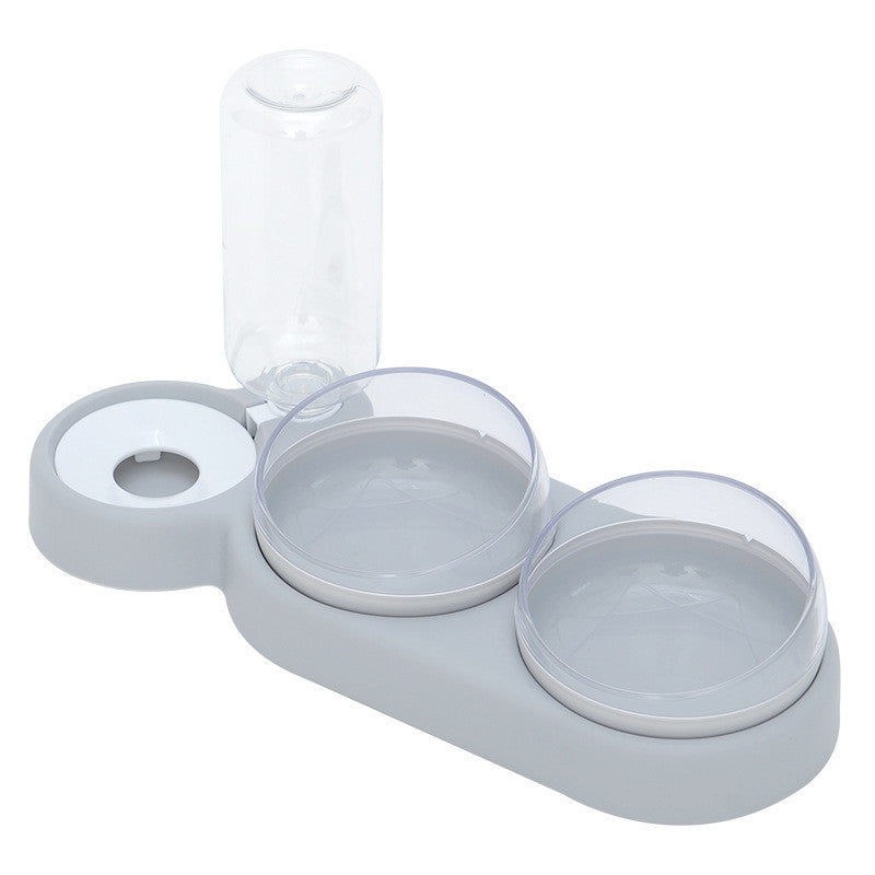 Cat Double Bowl With Water Bottle - Grey - Pet bowl