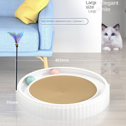 Cat Scratching Board Round Shape - White and Cat Teaser Stick / L - Cat Scratcher