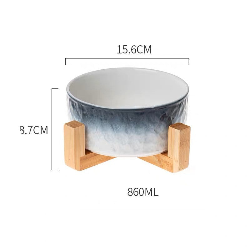 Ceramic Cat Bowl Coloured - Blue belt bamboo wooden frame - Pet bowl