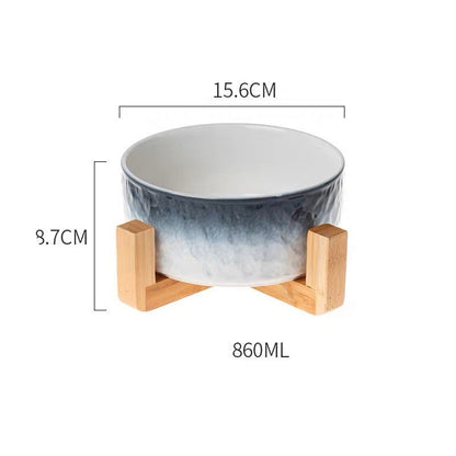 Ceramic Cat Bowl Coloured - Blue belt bamboo wooden frame - Pet bowl