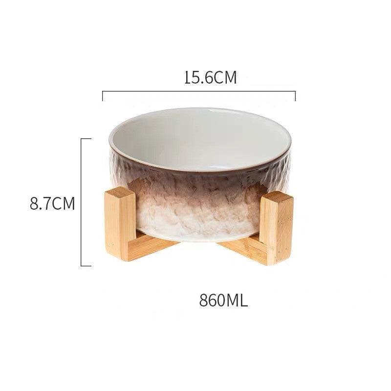 Ceramic Cat Bowl Coloured - Brown belt bamboo wooden frame - Pet bowl