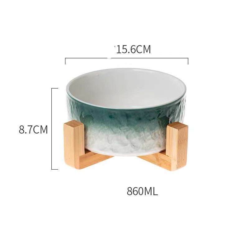 Ceramic Cat Bowl Coloured - Green belt bamboo wooden frame - Pet bowl