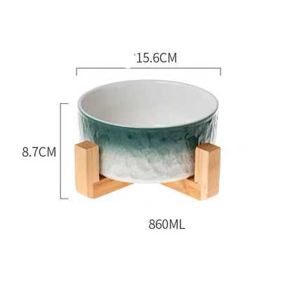 Ceramic Cat Bowl Coloured - Green belt bamboo wooden frame - Pet bowl