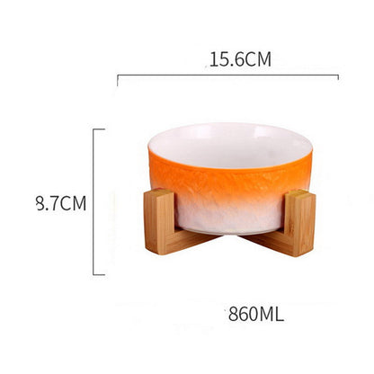 Ceramic Cat Bowl Coloured - Orange belt bamboo wood frame - Pet bowl