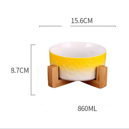 Ceramic Cat Bowl Coloured - Yellow belt bamboo wooden fram - Pet bowl
