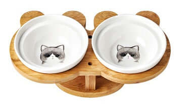 Cat Bowl Ceramic Double with Holder