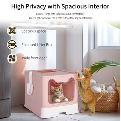 Large Enclosed Cat Litter Box with Scoop & Tray -Foldable - Just4Pets