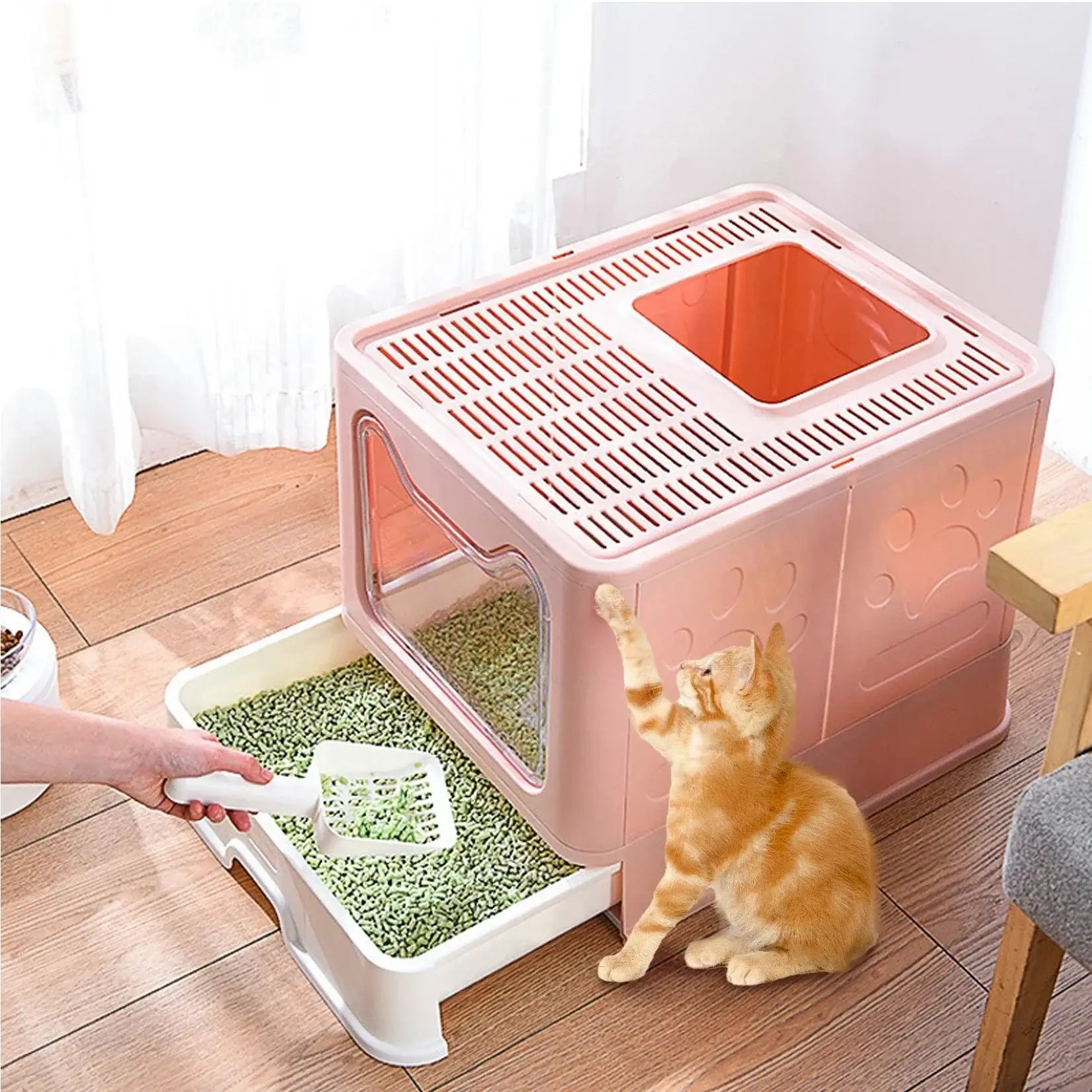 Large Enclosed Cat Litter Box with Scoop & Tray -Foldable - Just4Pets