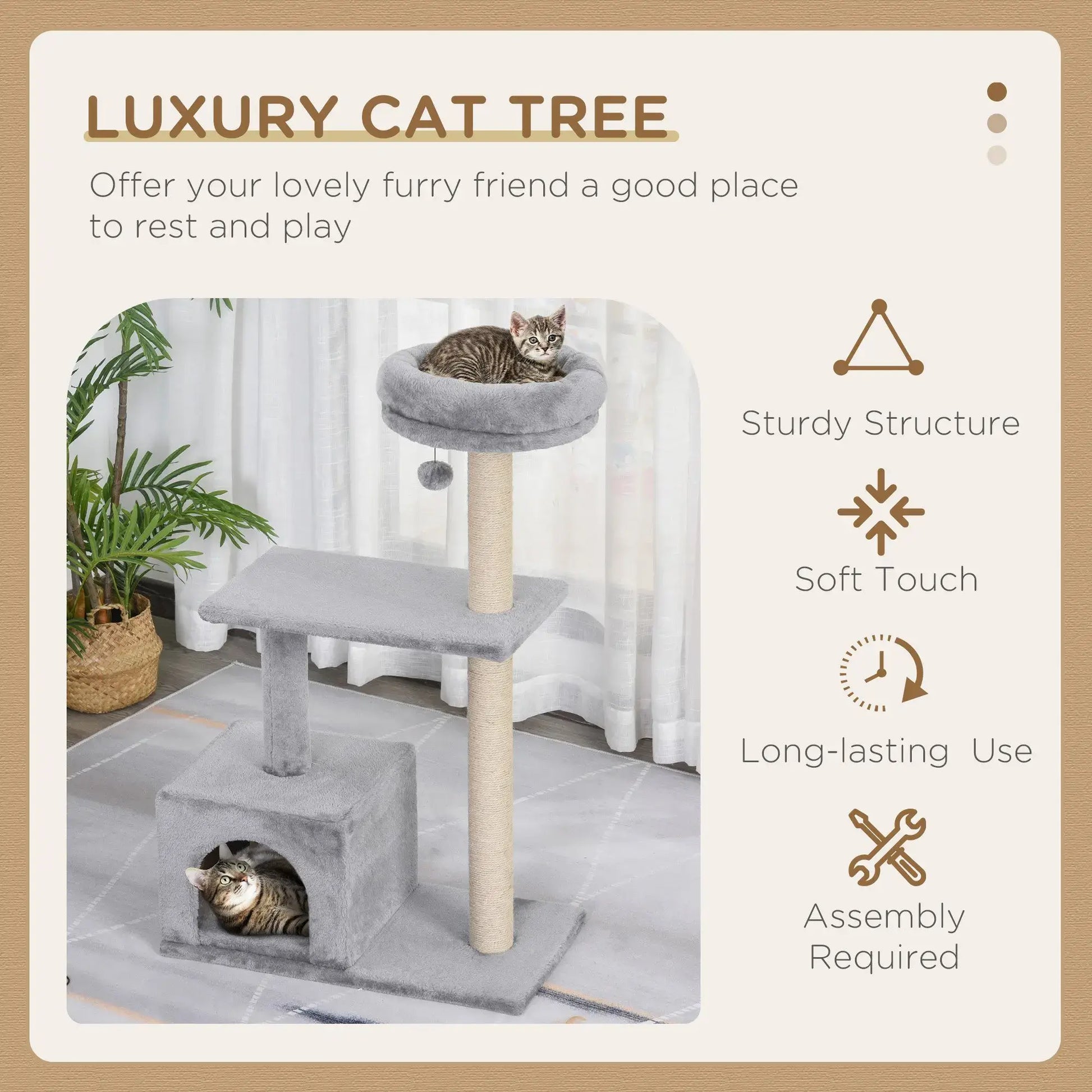 Paw Hut Cat Tree with Sisal Scratching Post and Dangling Ball -Grey - GREY / UNITED KINGDOM