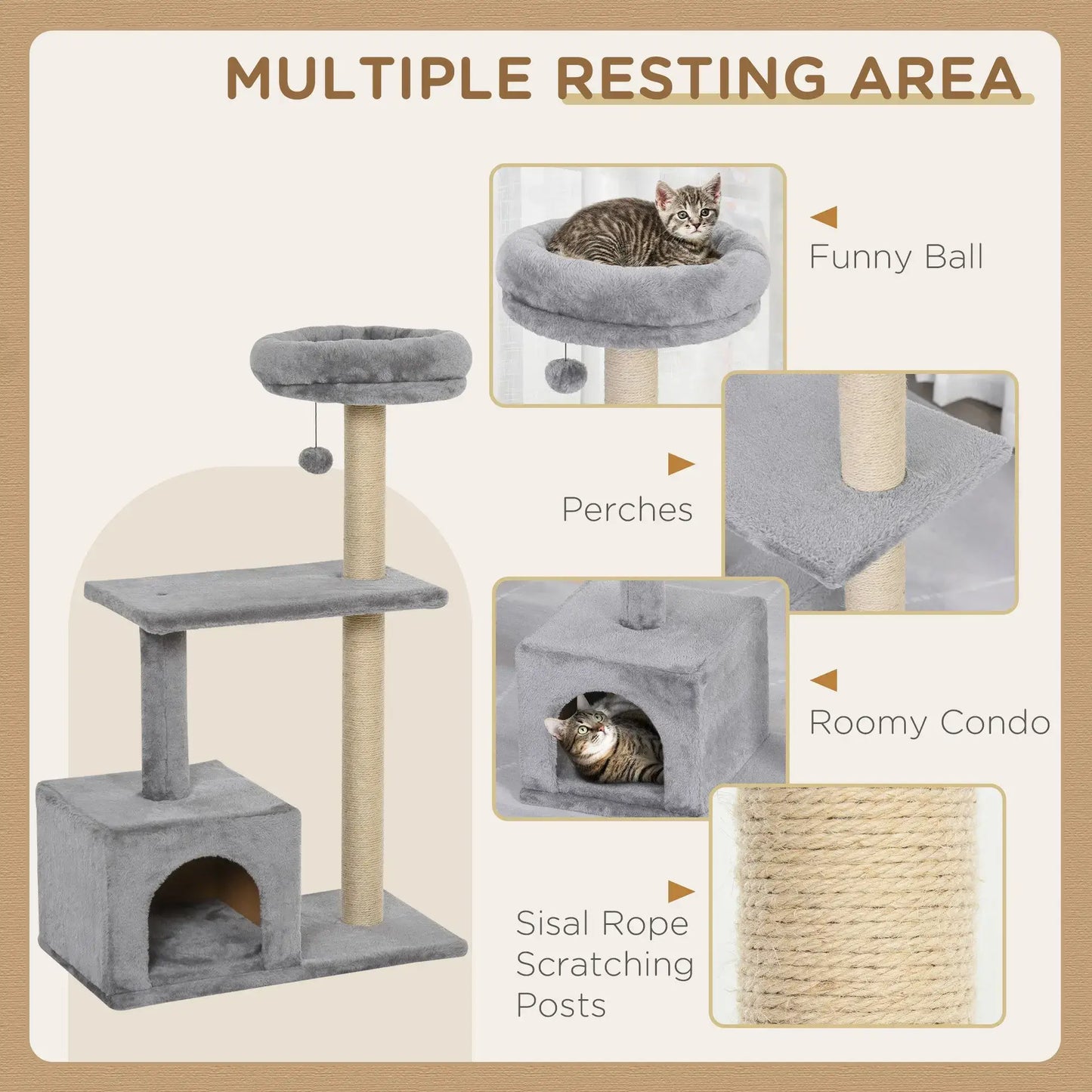 Paw Hut Cat Tree with Sisal Scratching Post and Dangling Ball -Grey - GREY / UNITED KINGDOM