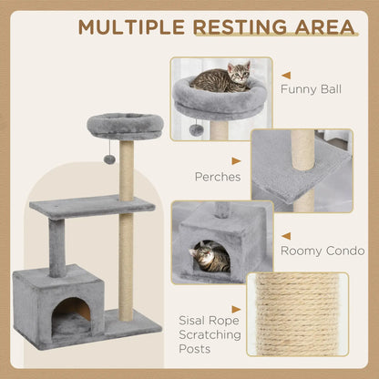 Paw Hut Cat Tree with Sisal Scratching Post and Dangling Ball -Grey - GREY / UNITED KINGDOM