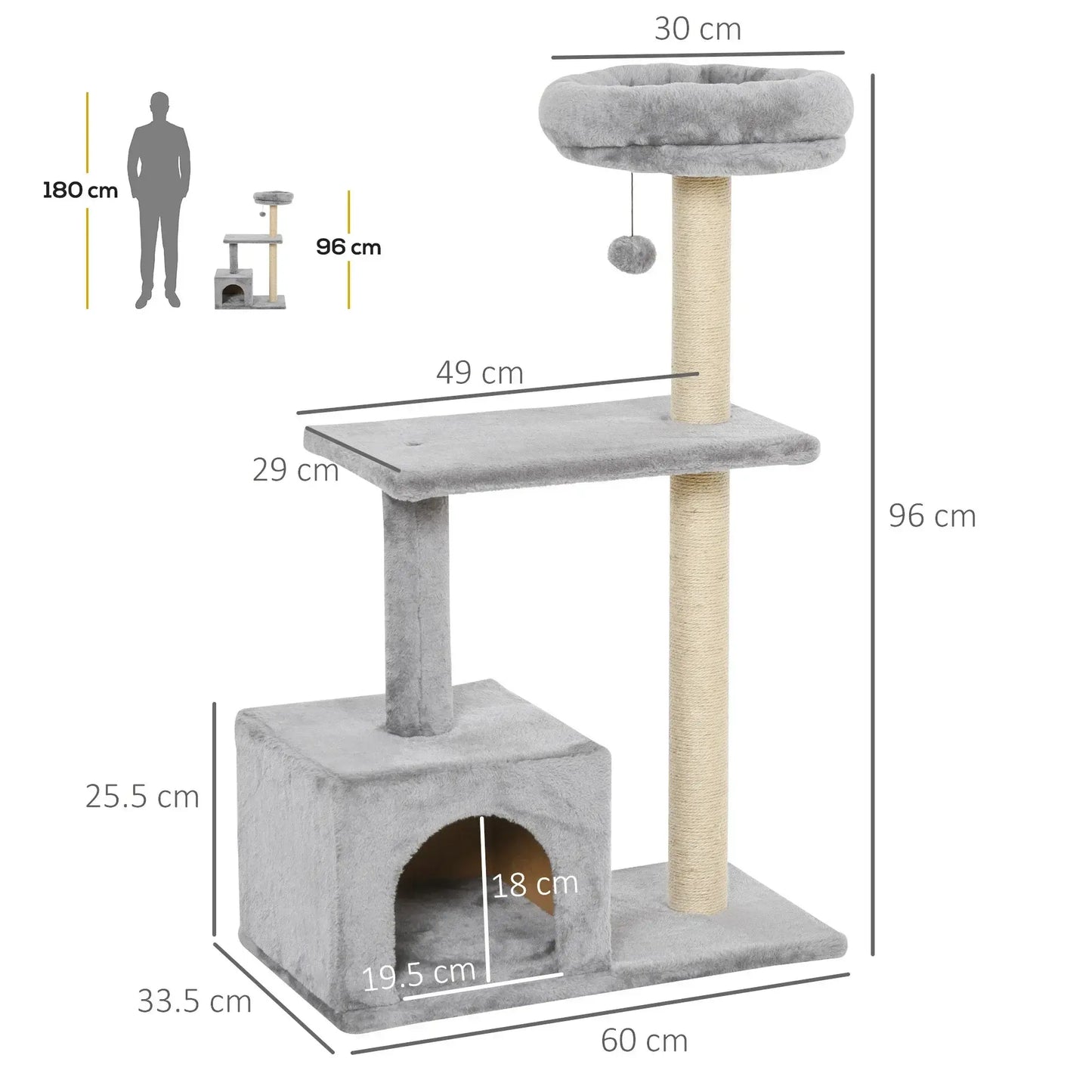 Paw Hut Cat Tree with Sisal Scratching Post and Dangling Ball -Grey - GREY / UNITED KINGDOM