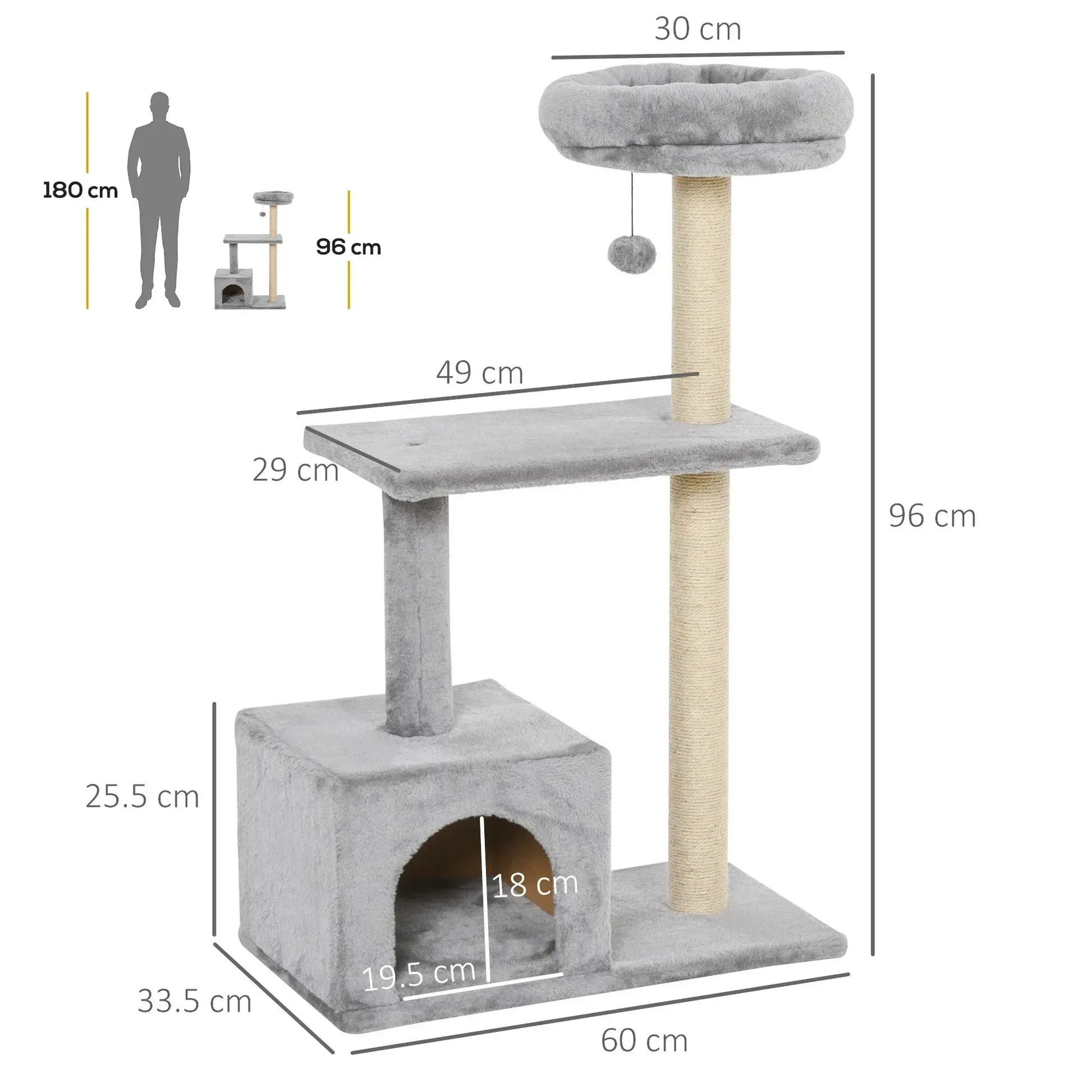 Paw Hut Cat Tree with Sisal Scratching Post and Dangling Ball -Grey - GREY / UNITED KINGDOM